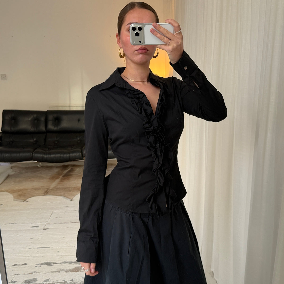 Italian Vintage Black Ruffle Tailored Shirt
