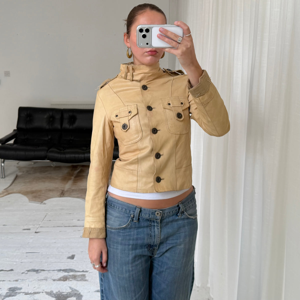 Beige Leather & Linen Jacket