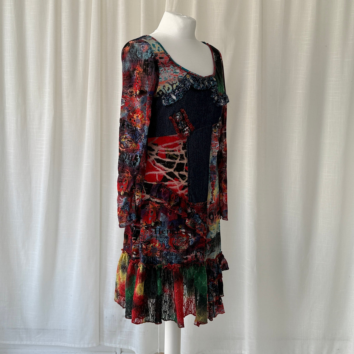 Multicolour Patchwork Mesh Ruffle Midi Dress