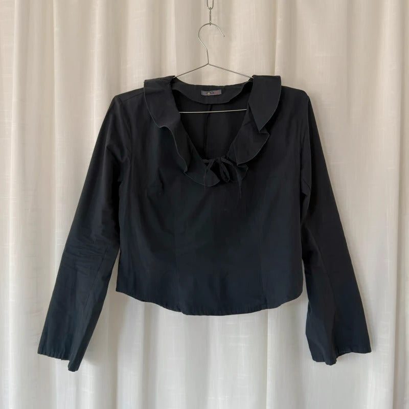 Charcoal Grey Ruffle Collar Tie Front Blouse