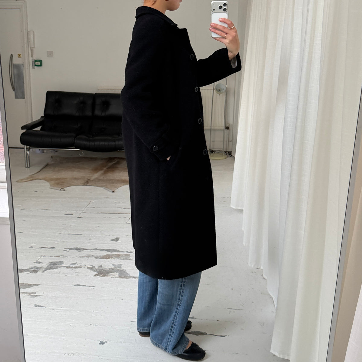 Black Pure New Wool Mid-Length Winter Coat