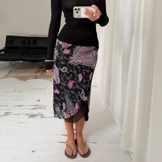 Paisley Patchwork Asymmetric Midi Skirt