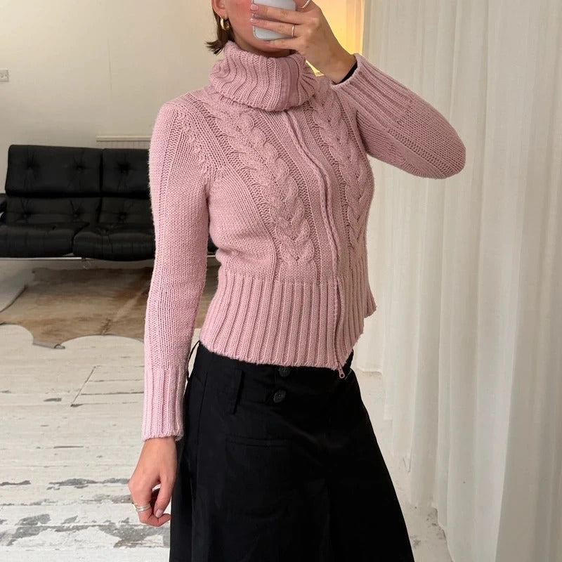 Pink Cable Knit Double Zip Jumper