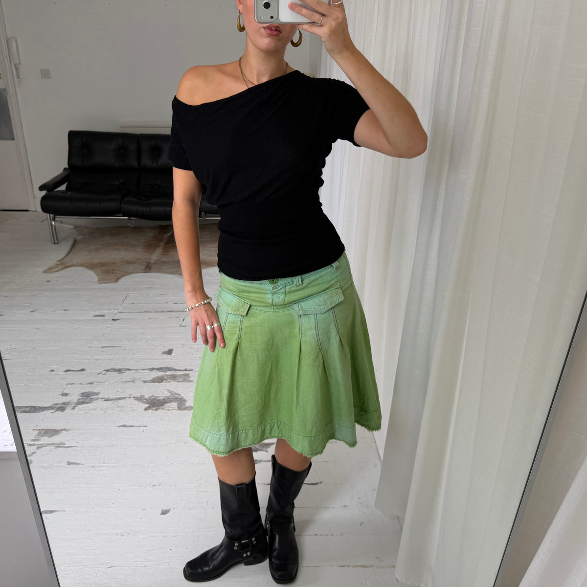 Miss Sixty Green Pleated Denim Midi Skirt