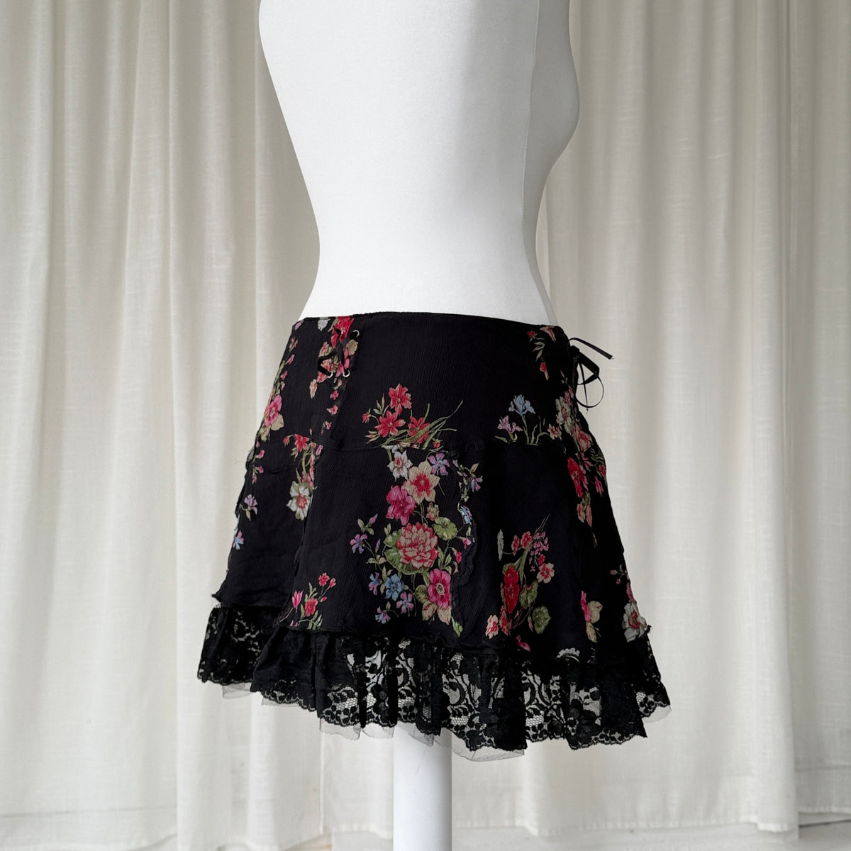 Black Floral Pure Silk Mini Skirt