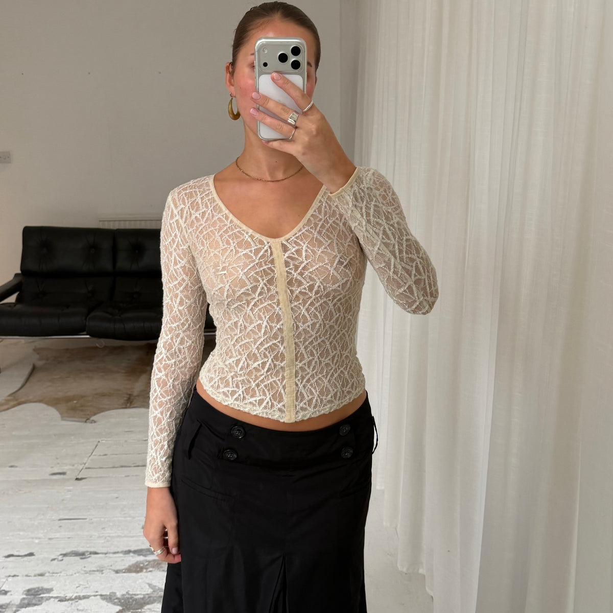 Cream Lace Mesh Long Sleeve Top