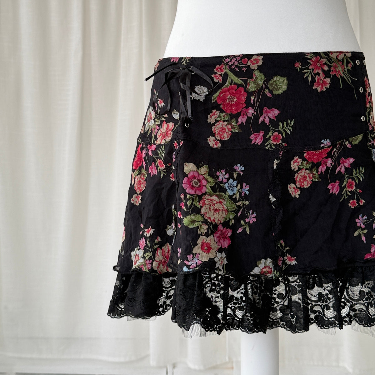 Black Floral Pure Silk Mini Skirt
