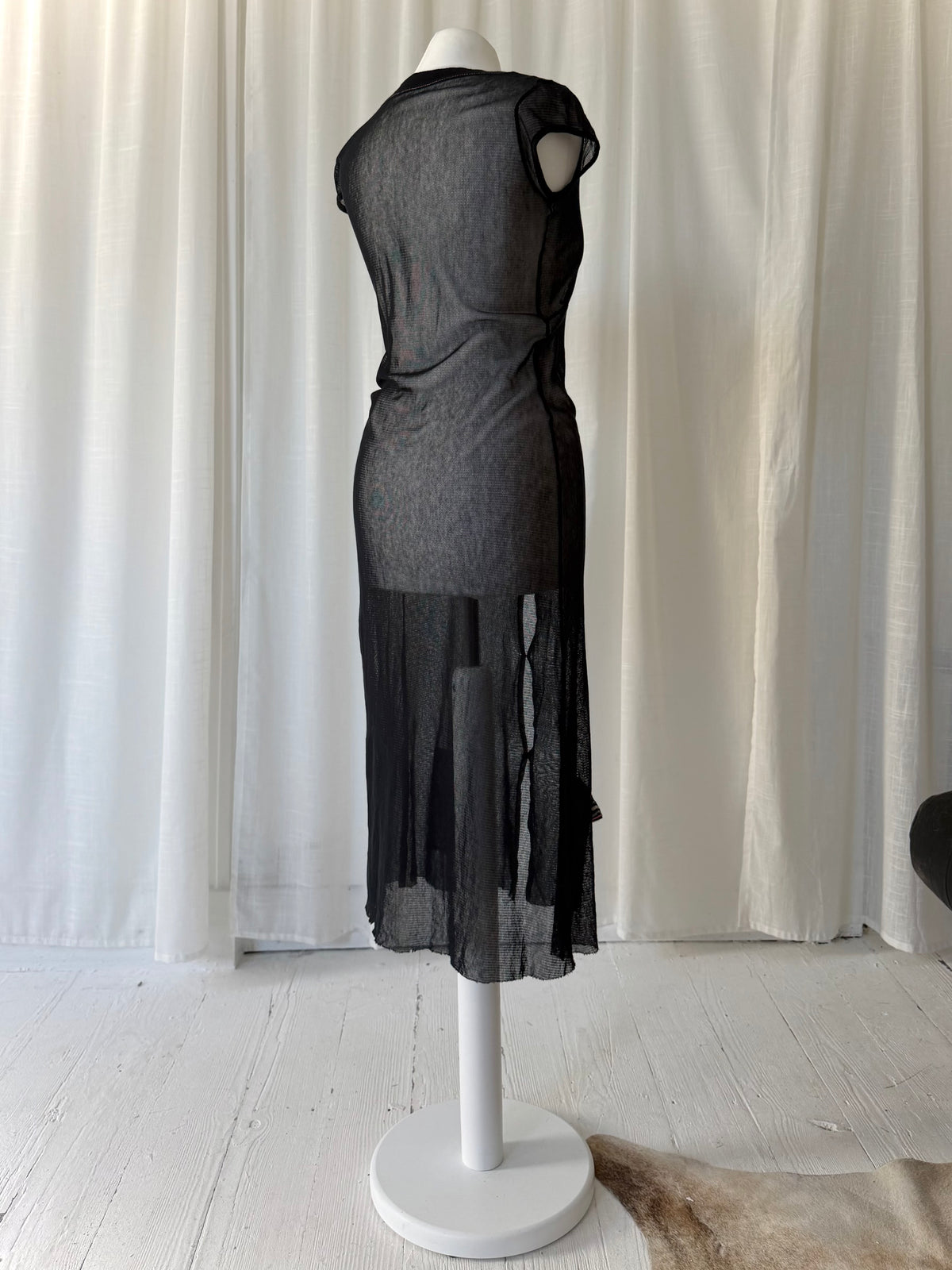 1990s Black Mesh Cut Out Midi Dress