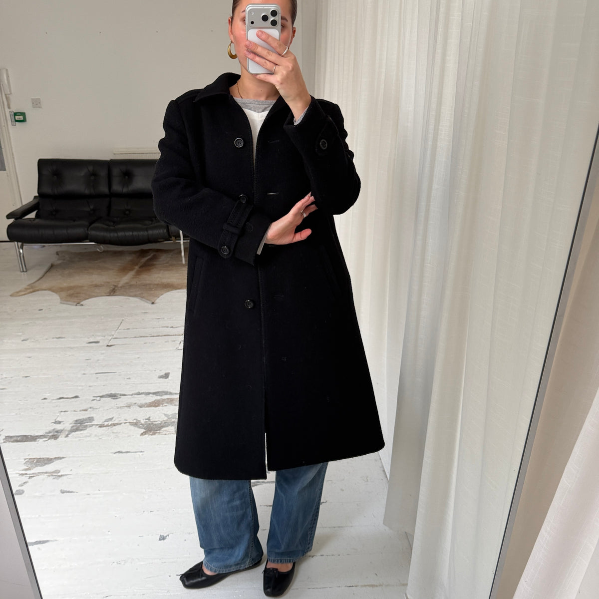 Black Pure New Wool Mid-Length Winter Coat