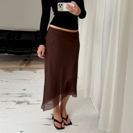 Brown Asymmetrical Mesh Midi Skirt