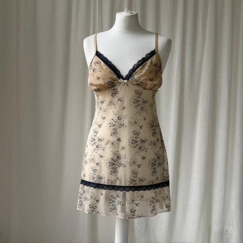 2000s Floral Mesh Babydoll Cami Dress