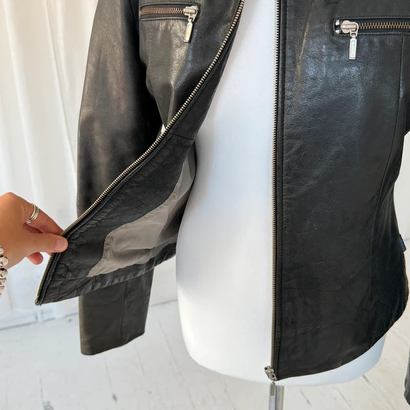 Italian Vintage Black Leather Biker Jacket