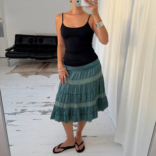 Blue Silk Lace Tiered Midi Skirt