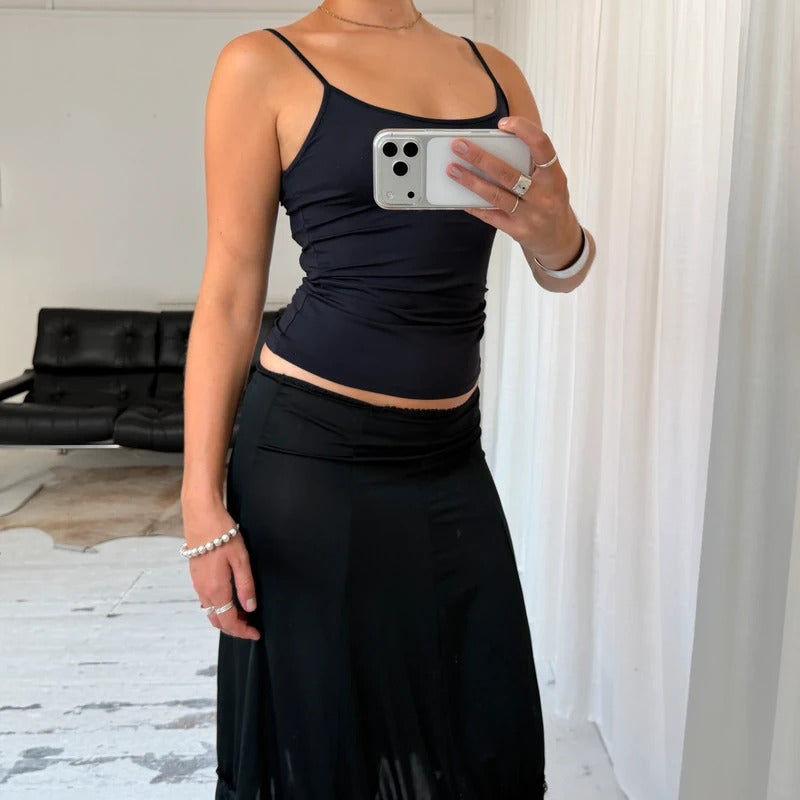 Italian Vintage Black Ruffle Midi Skirt