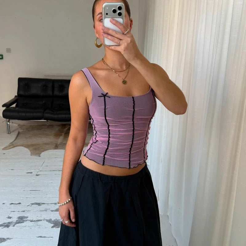 2000s Pink Ruched Mesh Corset Top