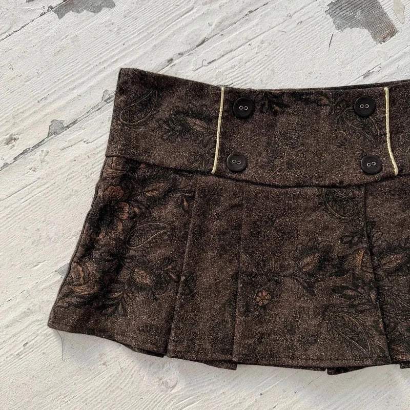 Brown Floral Jacquard Pleated Mini Skirt