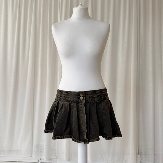 00s Brown Washed Denim Pleated Overskirt