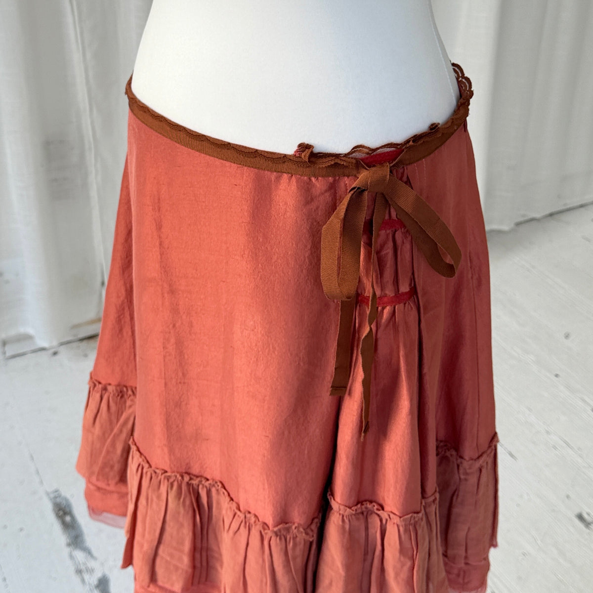 Coral Red Silk Ruffle Midi Skirt