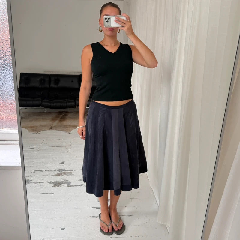 Navy Pure Silk Pleated Midi Skirt