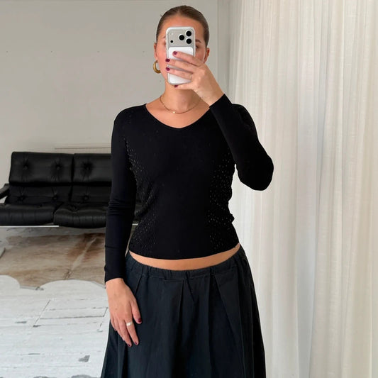 Italian Vintage Black Beaded Knit Top
