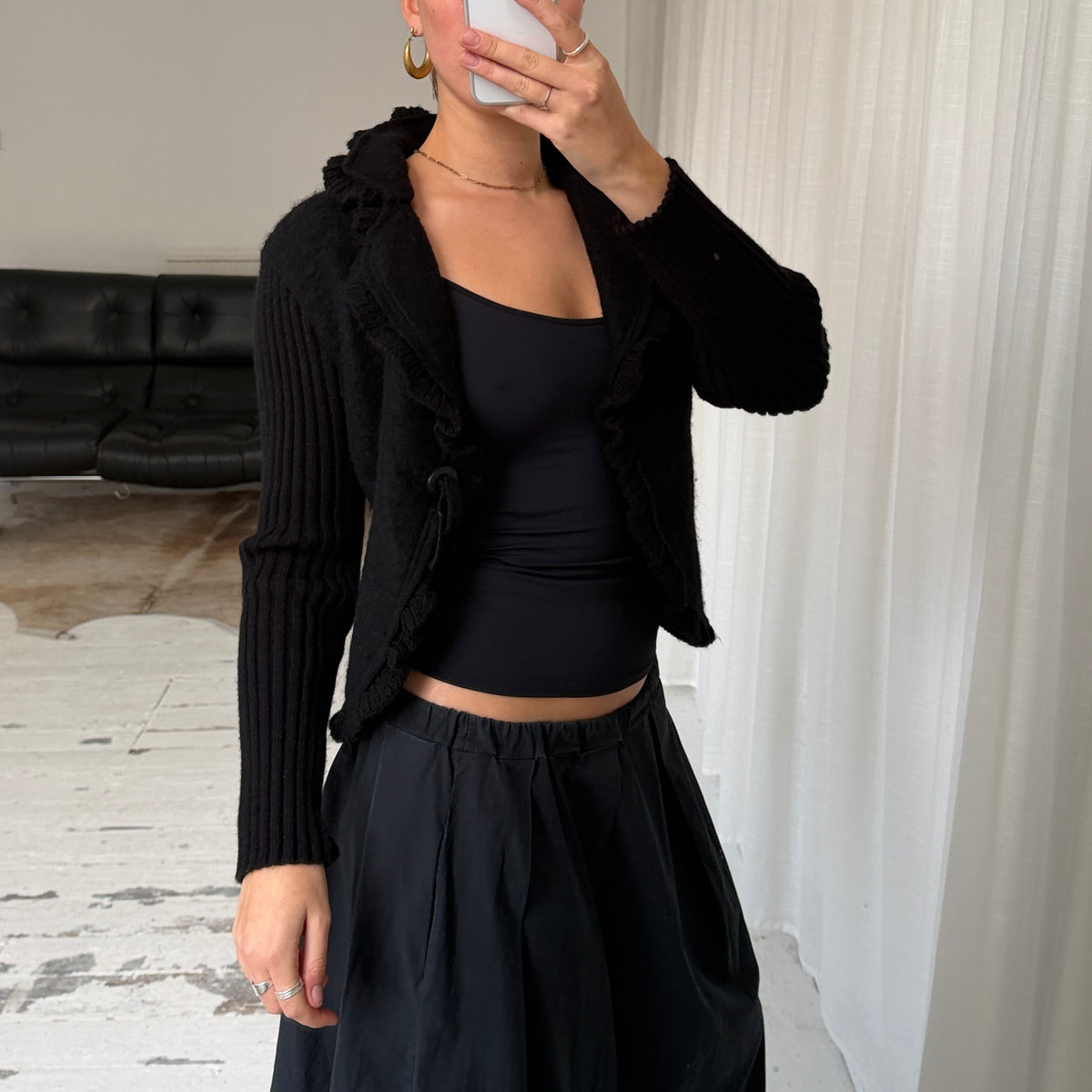 Vintage Black Ruffle Wool Knit Cardigan