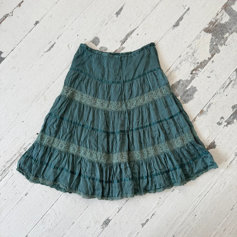 Blue Silk Lace Tiered Midi Skirt