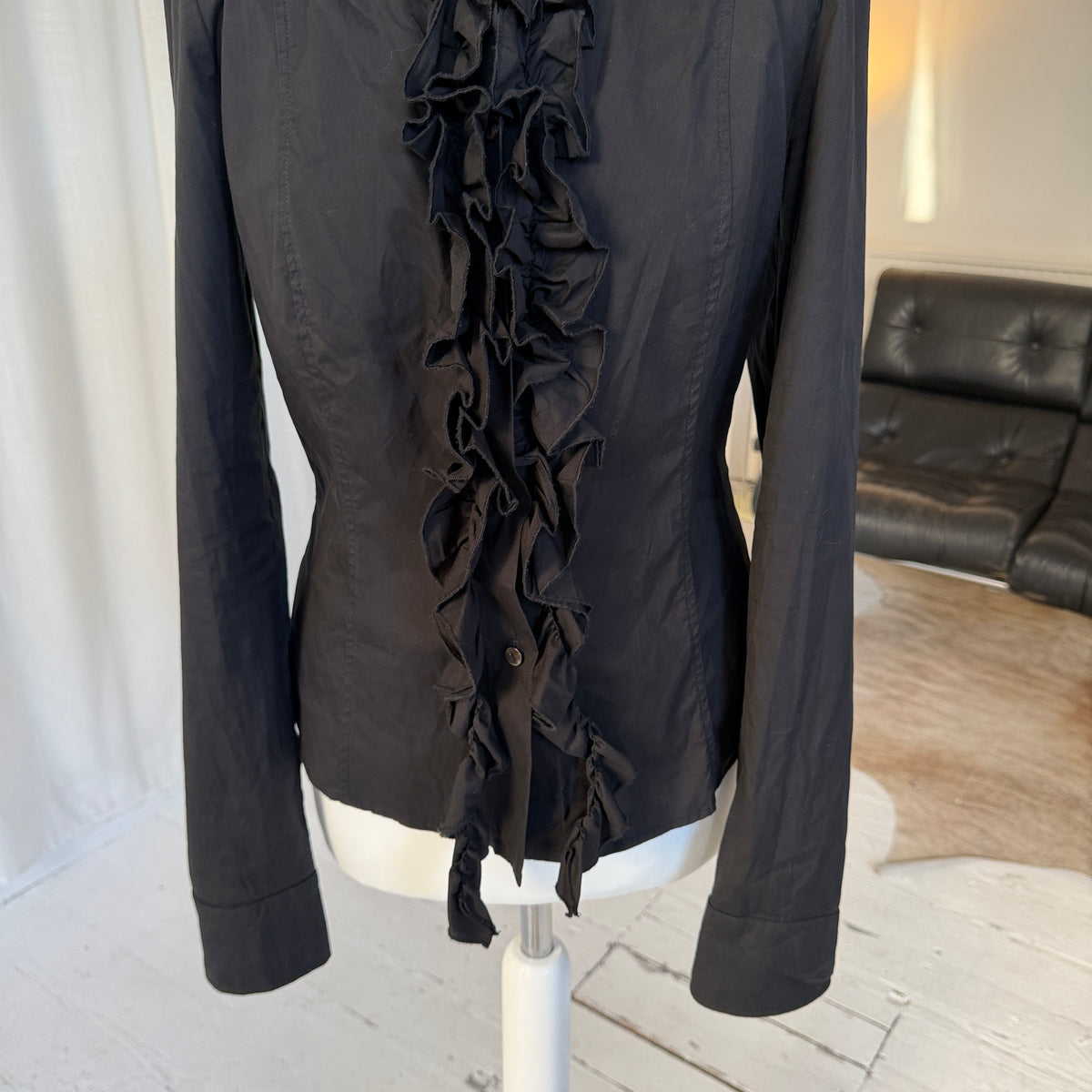 Italian Vintage Black Ruffle Tailored Shirt