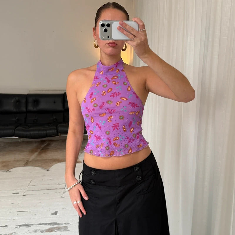 Italian Vintage Lilac Paisley Mesh Halterneck Top