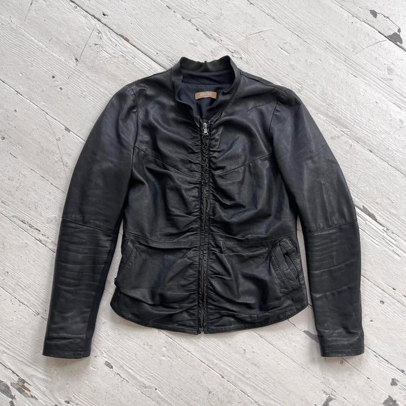 Italian Vintage Black Ruched Leather Jacket