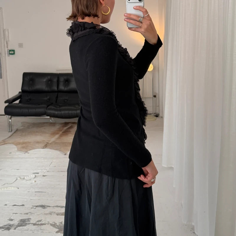 Black Wool Angora Lace Trim Tie Cardigan