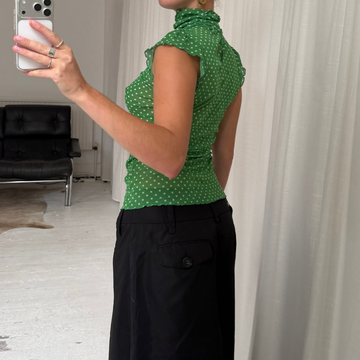 Green Polkadot High Neck Mesh Top