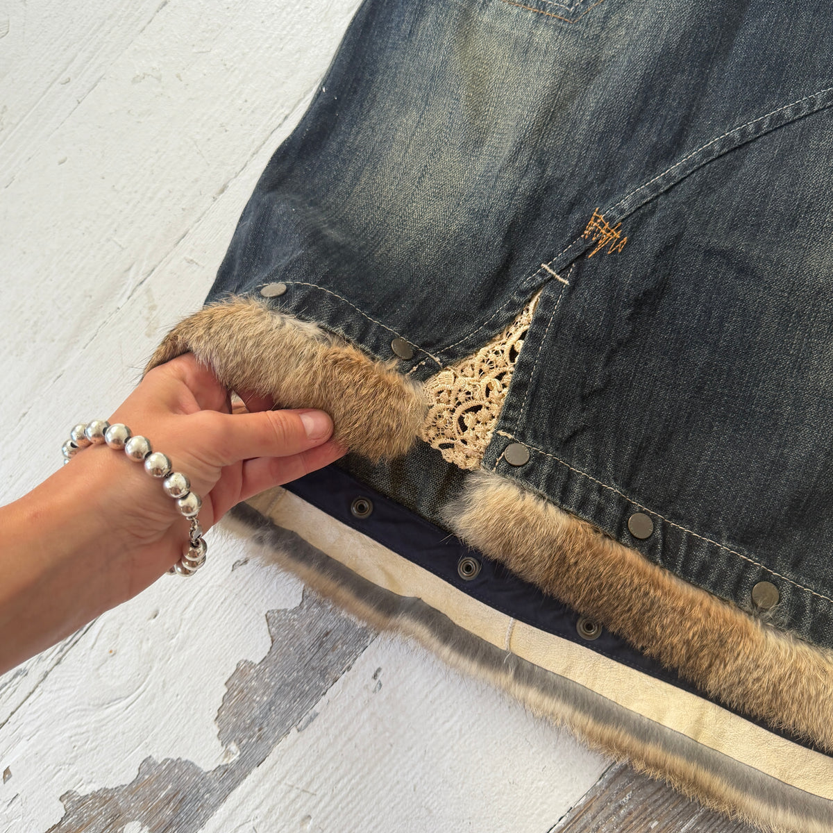 Italian Vintage Denim Fur Trim Midi Skirt