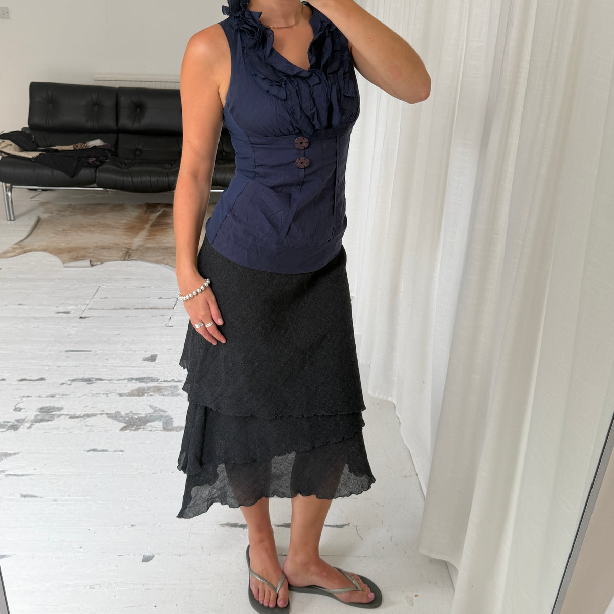 Navy Wool Blend Ruffle Top