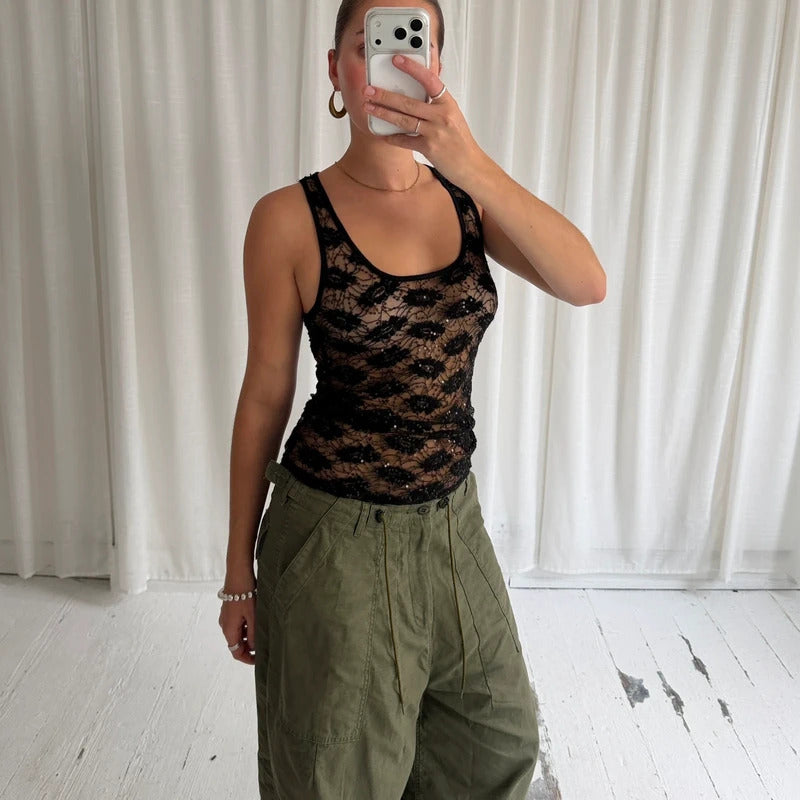 00s Sheer Sequin Lace Vest Top