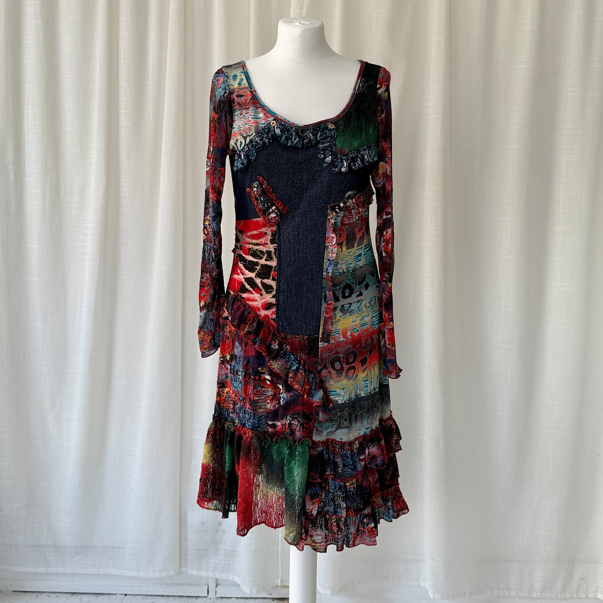 Multicolour Patchwork Mesh Ruffle Midi Dress