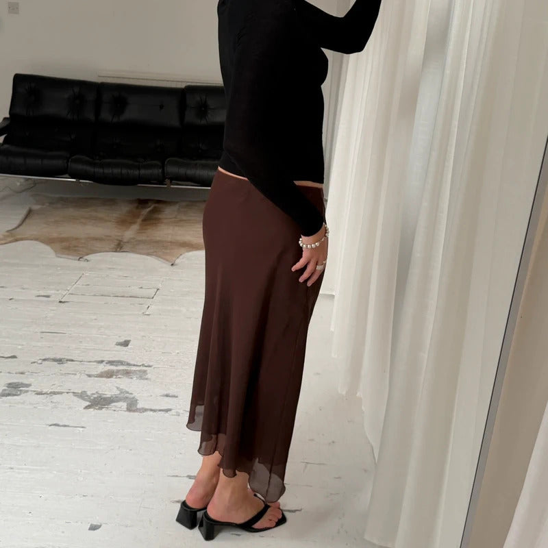 Brown Asymmetrical Mesh Midi Skirt