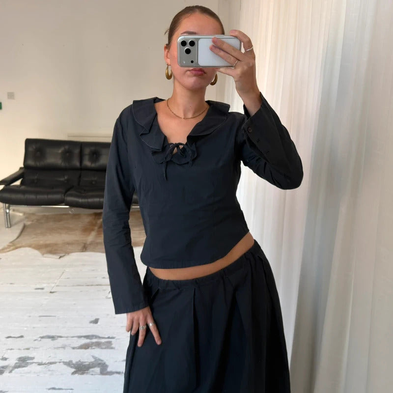 Charcoal Grey Ruffle Collar Tie Front Blouse