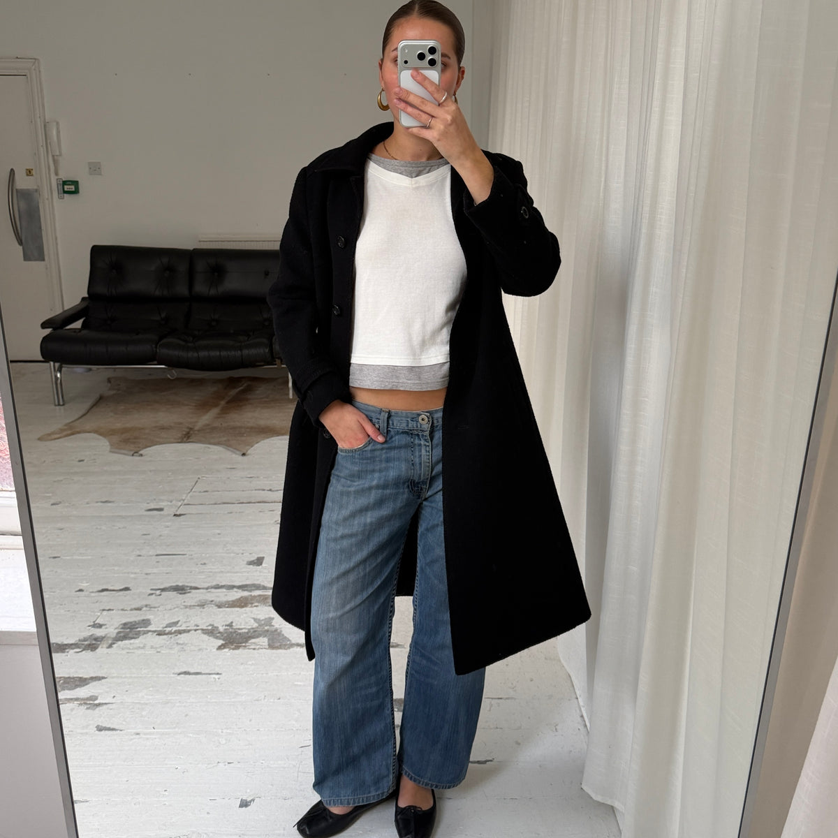 Black Pure New Wool Mid-Length Winter Coat