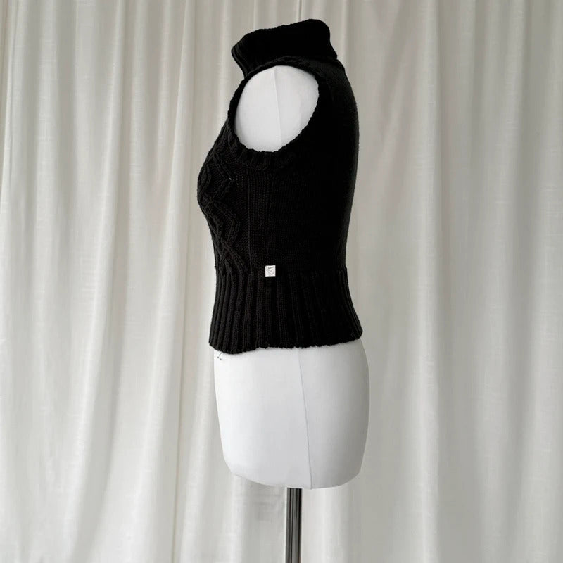 Black Cable Knit Sleeveless Rollneck