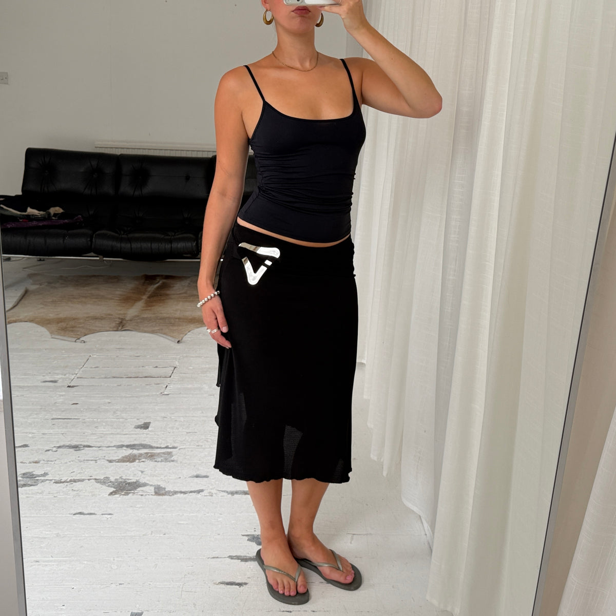 Black Silver Hardware Midi Skirt