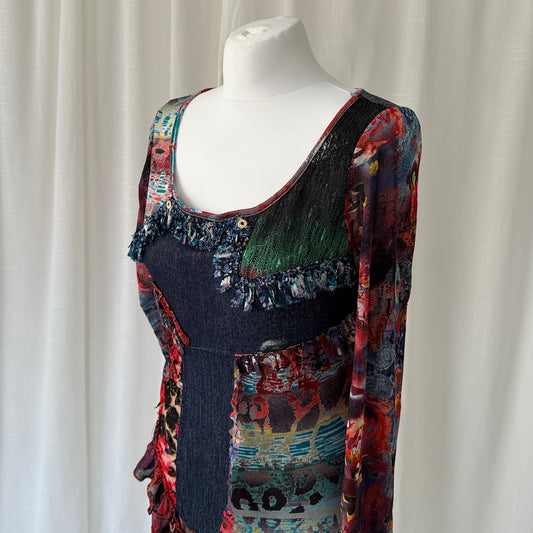 Multicolour Patchwork Mesh Ruffle Midi Dress