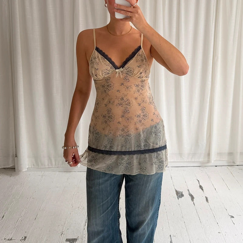 2000s Floral Mesh Babydoll Cami Dress