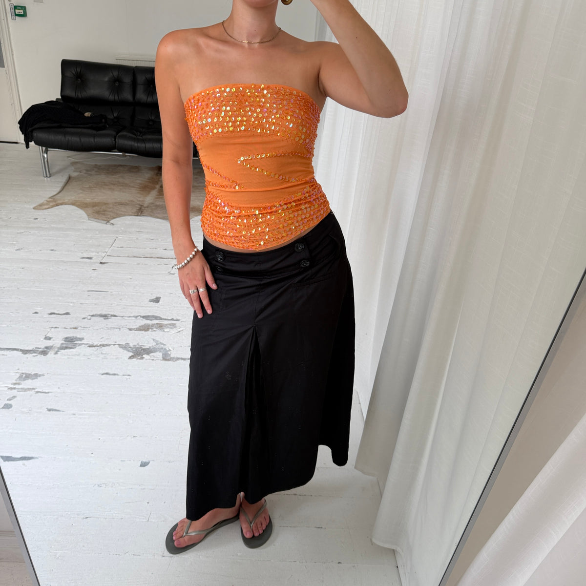 Orange Sequin Mesh Bandeau Top