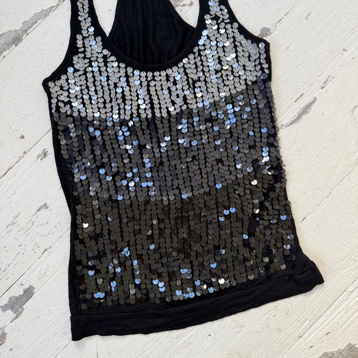 2000s Black & Silver Sequin Racerback Vest Top