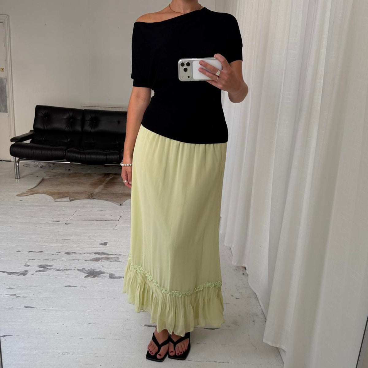 Lime Green Silk Ruffle Maxi Skirt