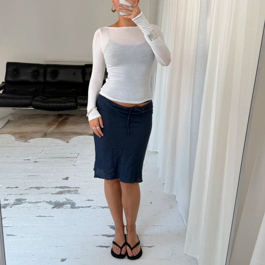 Navy Linen Midi Skirt