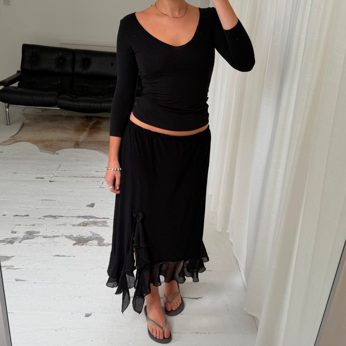 Black Ruffle Asymmetric Maxi Skirt