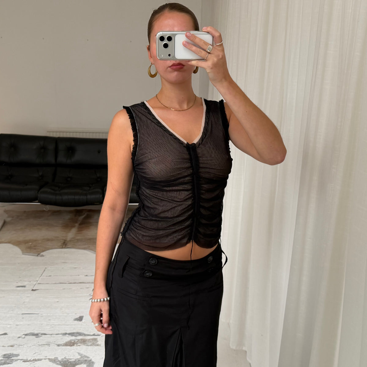 2000s Ruched Layered Mesh Top