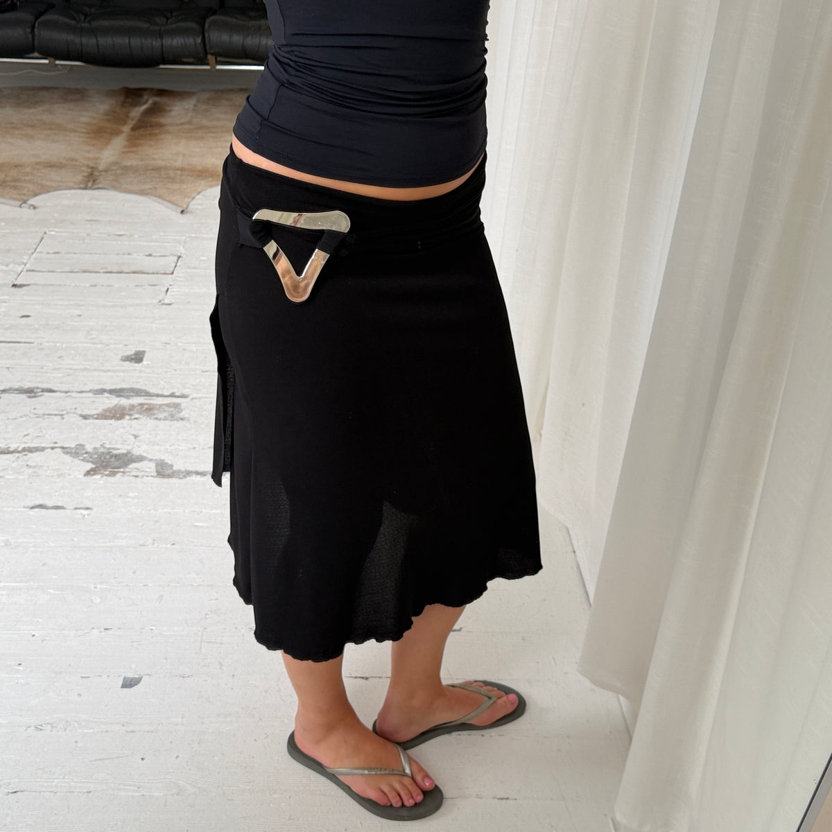 Black Silver Hardware Midi Skirt
