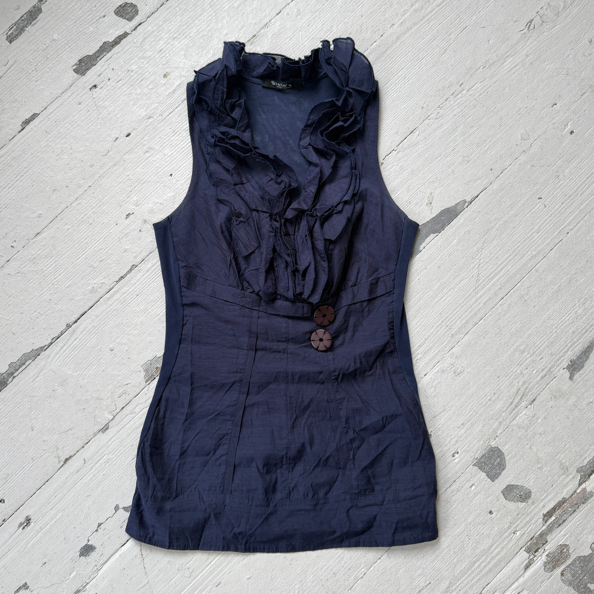 Navy Wool Blend Ruffle Top